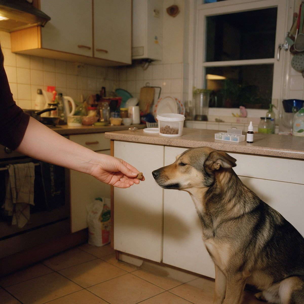 Hond draait zijn kop weg van een kalmerend snoepje in de hand van zijn baasje