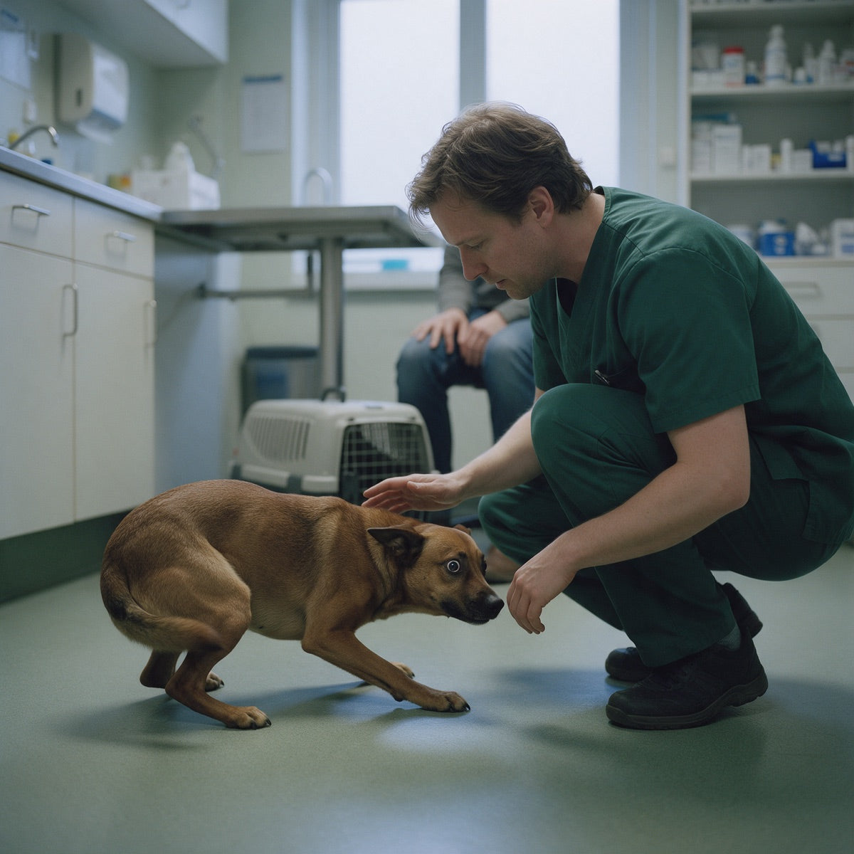 Hond kruipt weg van de dierenarts, oren plat en staart laag